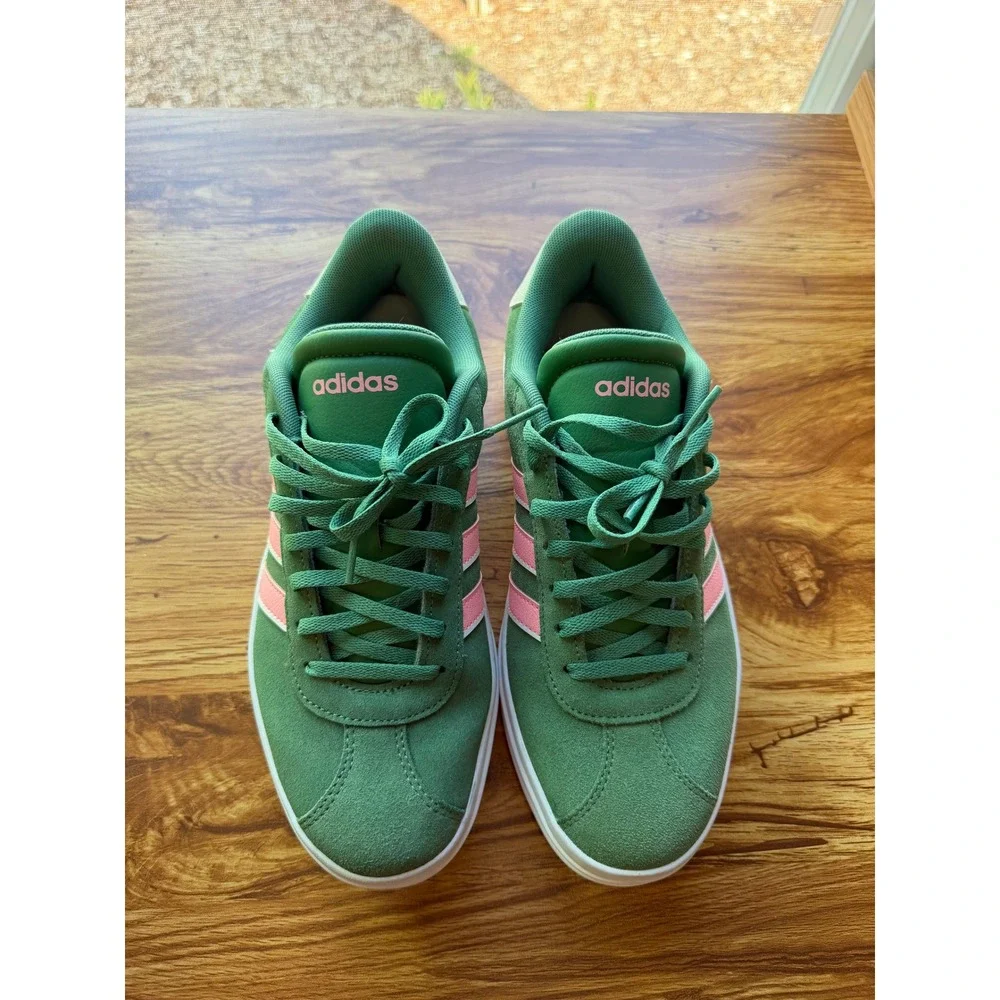 Adidas VL Court Platform Green Suede Pink Stripes Women Sneakers Low Top 8.5